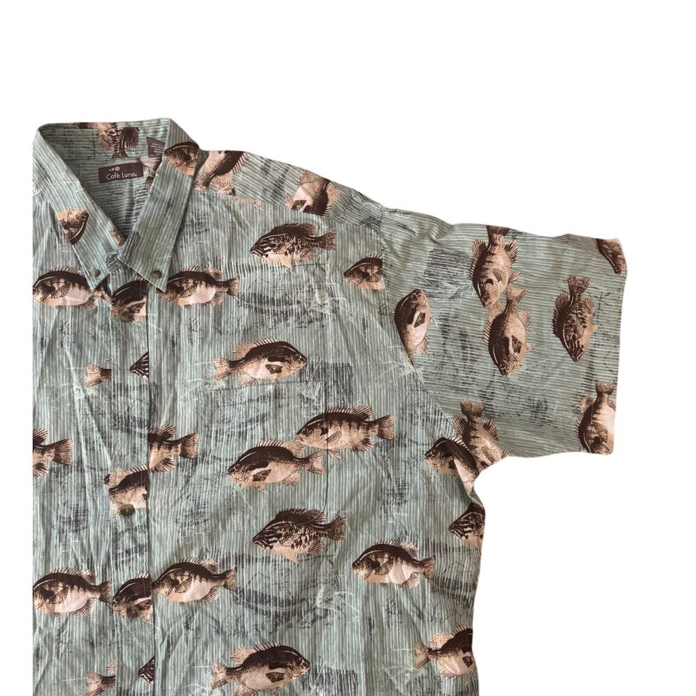 Cafe Luna | 100% Cotton Blue Fish Print Hawaiian Shirt | Size 2X